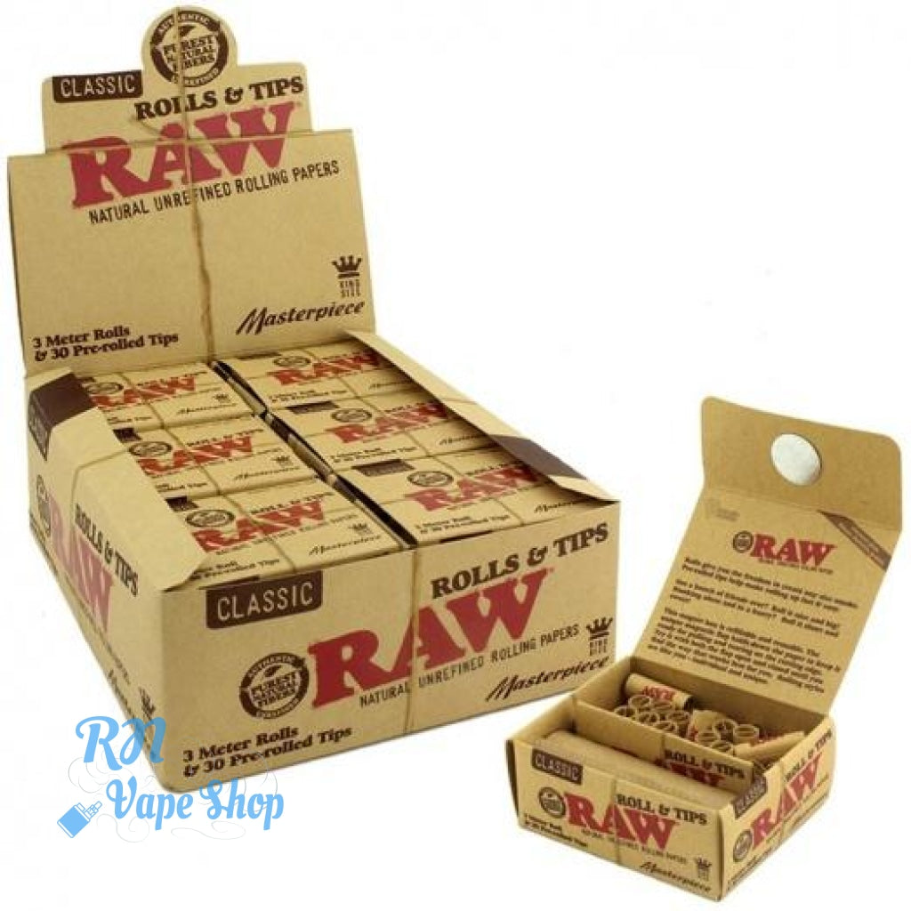 RAW Masterpiece Rolls + 30 Pre rolled tips RAW Papers & Tips RN Vape Shop Box