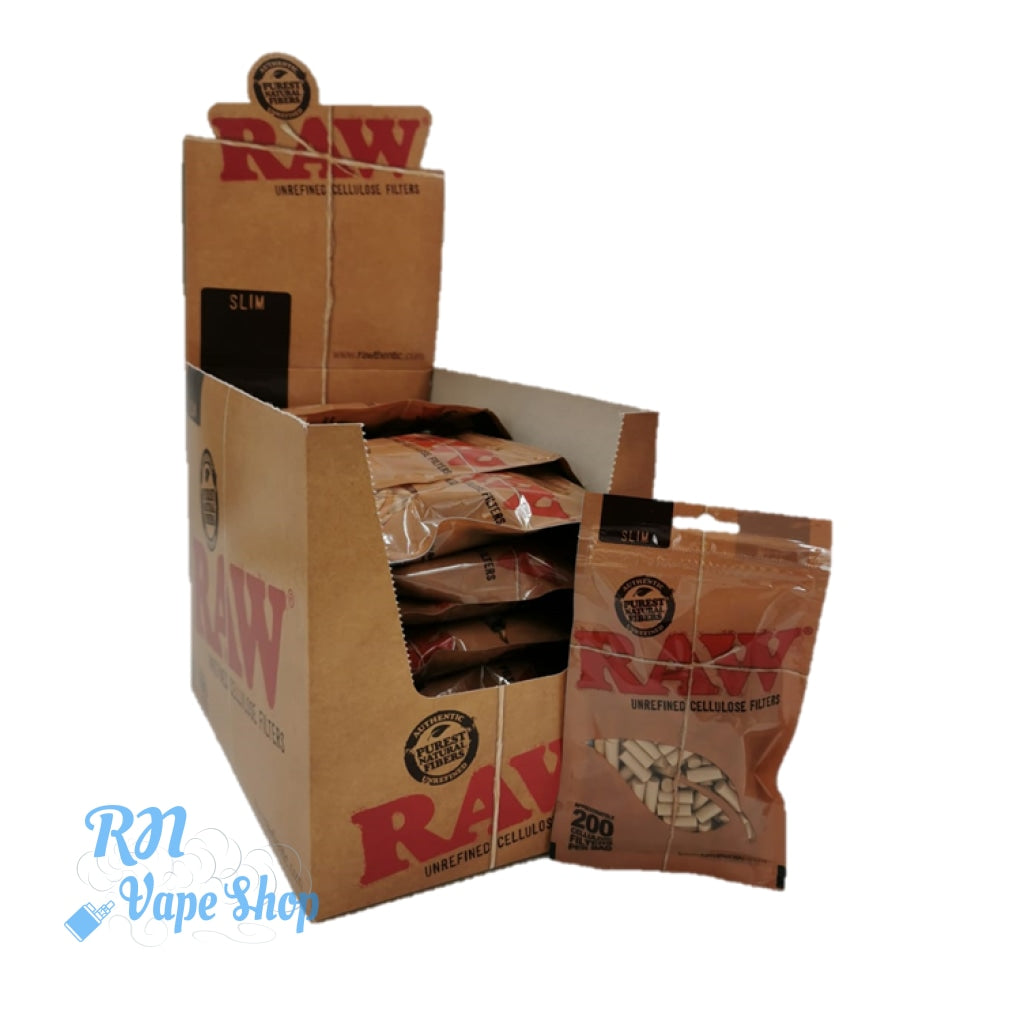 RAW Cellulose Slim Unrefined Filters 200 Per Bag RAW Tips RN Vape Shop Box  