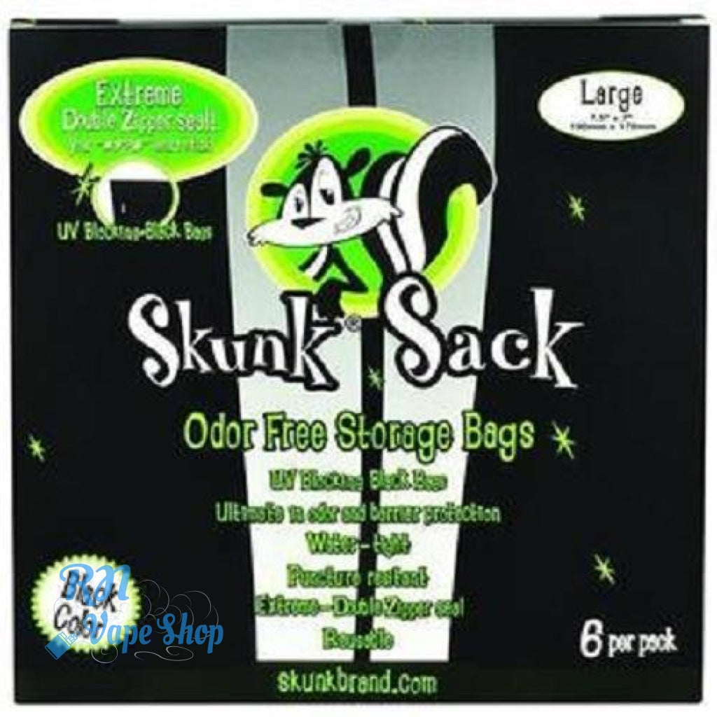 Skunk Brand Black Smell Proof Food Bags Baggies Odor Free Smelly Zip Resealable Skunk Brand Bag RN Vape Shop Large (6 Bags)  