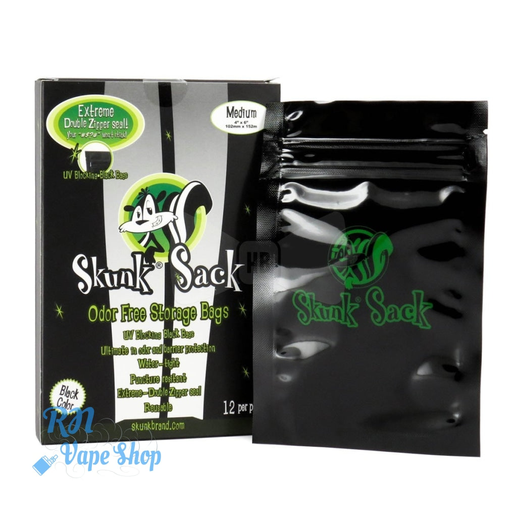 Skunk Brand Black Smell Proof Food Bags Baggies Odor Free Smelly Zip Resealable Skunk Brand Bag RN Vape Shop Medium (12 Bags)  
