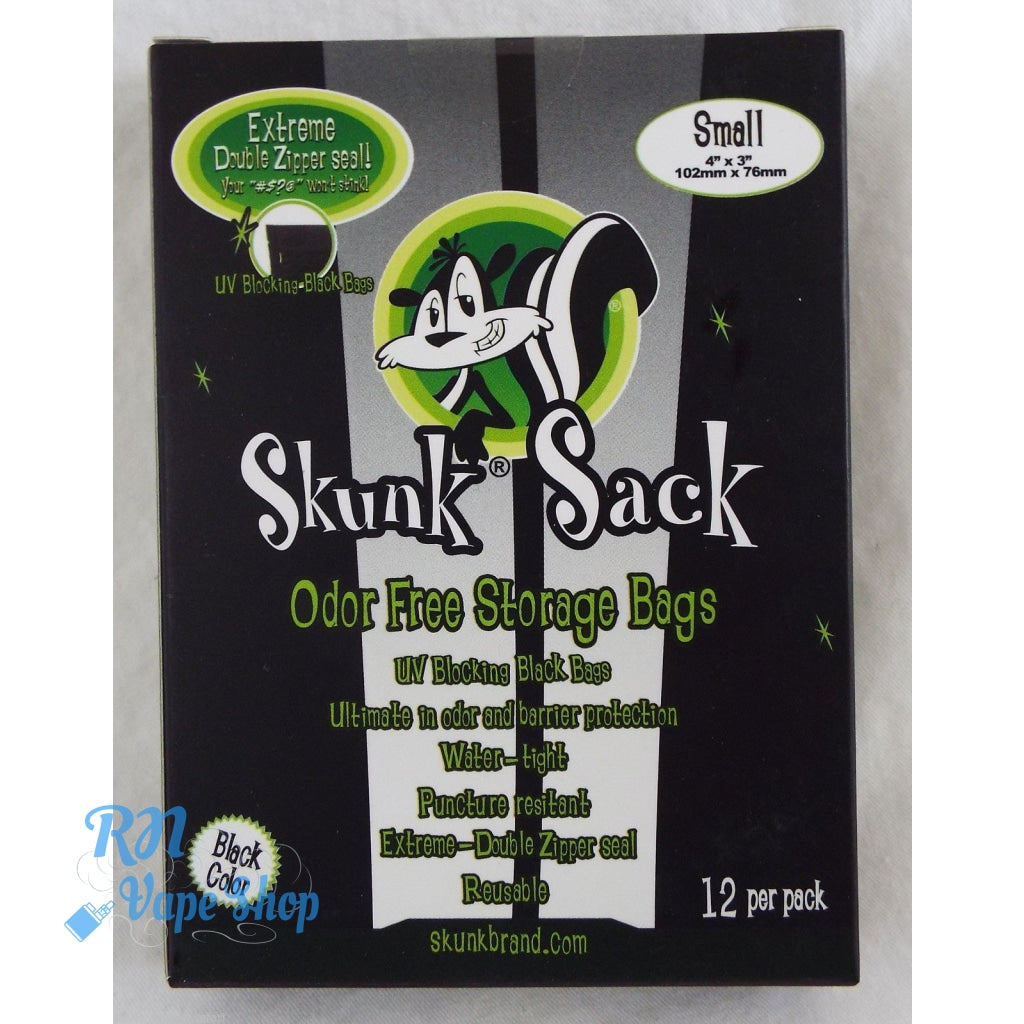 Skunk Brand Black Smell Proof Food Bags Baggies Odor Free Smelly Zip Resealable Skunk Brand Bag RN Vape Shop Small (12 Bags)  