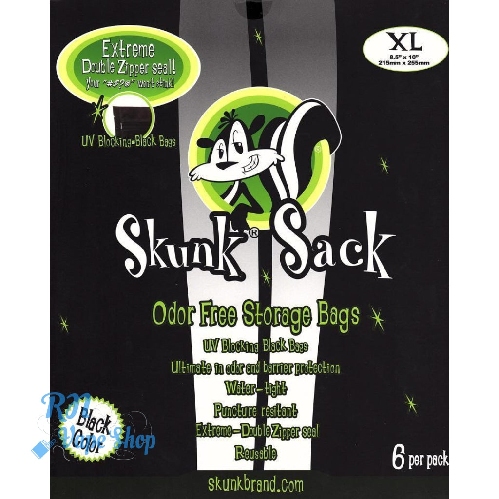 Skunk Brand Black Smell Proof Food Bags Baggies Odor Free Smelly Zip Resealable Skunk Brand Bag RN Vape Shop XL (6 Bags)  