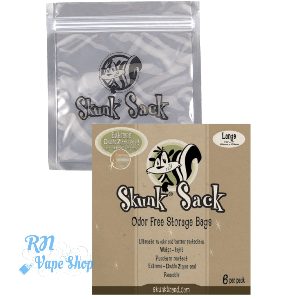 Skunk Brand Transparent Smell Proof Food Bags Baggies Odor Free Smelly Zip Resealable Skunk Brand Bag RN Vape Shop Large (6 Bags)  